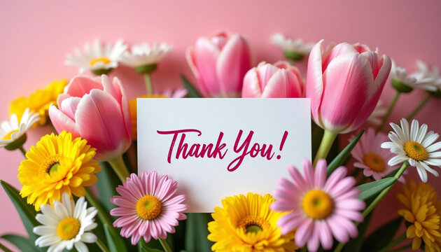 Floral Gratitude: A "Thank You!" Card Amidst a Vibrant Bouquet on Pink