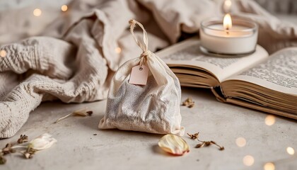 Aromatherapy pouch with candle and open book on textured table  