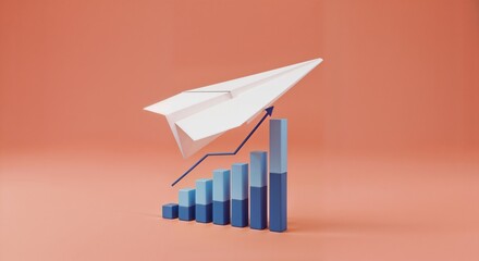 business graph with arrow and a paper airplane isolated on light orange color 