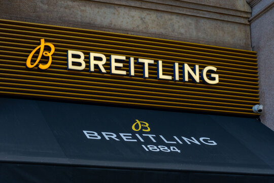 Trendy Breitling boutique in Milan's prestigious shopping district, famous luxury watches, Swiss brand in Galleria Vittorio Emanuele II, Milan, Italy - May 21, 2025