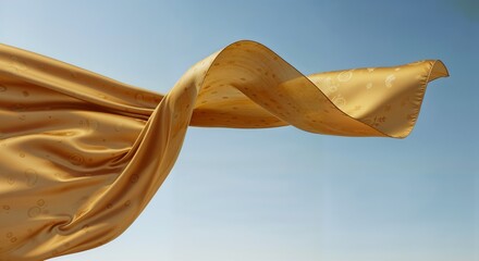 A beautiful mustard colored scarf flew in the air isolated on sky blue background