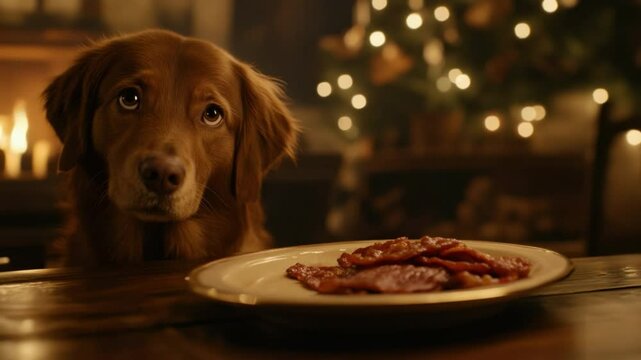 Adorable Golden Retriever Dog Gazing Longingly at Plate of Tasty Treats in Cozy Home Setting Decorated for the Holidays transparent background png