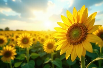 Obraz premium Bright yellow sunflowers tracking the sun's rays, sky, agriculture, happy
