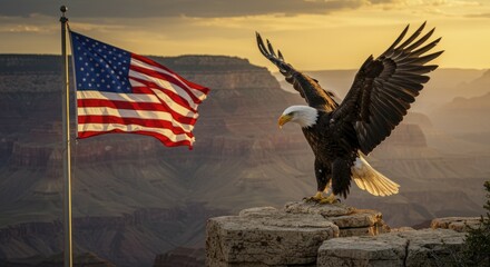 Majestic Bald Eagle poised for flight with American flag backdro