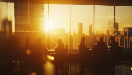 Silhouetted business meeting at sunset