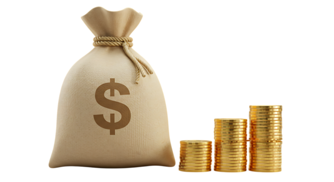 Money bag with stacks of gold coins isolated on white background - Powered by Adobe