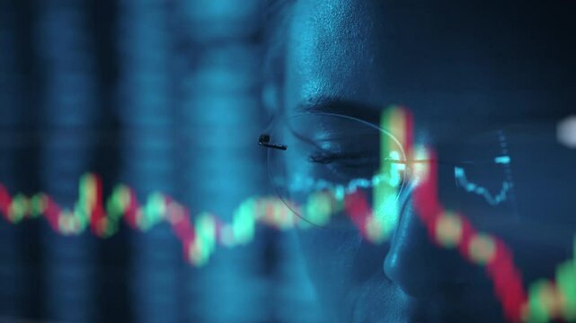 Live market chart and trader eyes behind glasses. Day trading, intraday price action and order execution