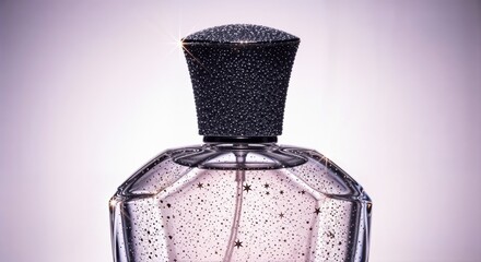 A luxury bottle of perfume isolated on light lavender colored solid background