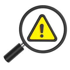 Magnifying glass warning sign yellow triangle exclamation mark caution alert risk danger safety inspection isolated 3D illustration symbol attention hazard security information notice observe