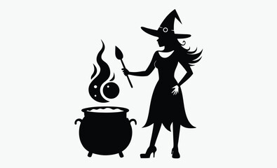 Witch cauldron silhouette, potion cooking vector, Halloween magic icon, spooky kitchen graphic