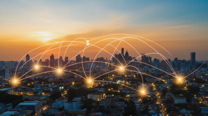 sunrise Aerial view of Smart digital Innovation city with connection network reciprocity over the cityscape. of future smart wireless digital city and social media networking systems that connects