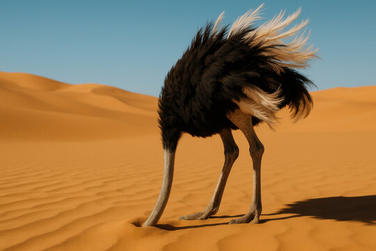 Ostrich with head in sand in vast desert landscape under bright blue sky and golden sand dunes during daytime