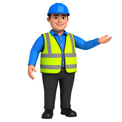 Fototapeta premium Smiling construction worker wearing blue helmet, reflective safety vest, blue shirt, and black pants, standing and gesturing with one hand, isolated on transparency background
