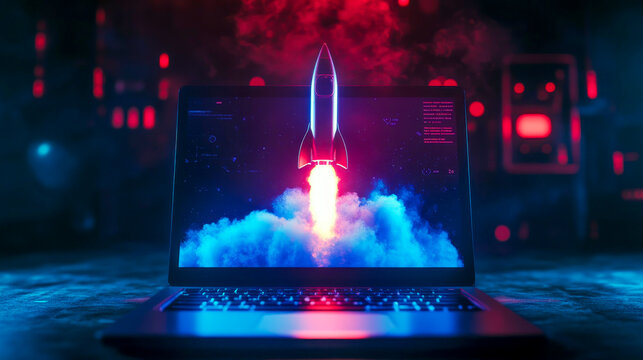 A sleek rocket blasts off from a laptop screen, surrounded by a dark tech environment filled with neon lights. The blue glow illuminates the scene, symbolizing futuristic innovation