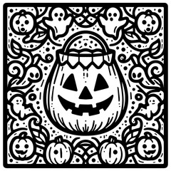 Halloween themed, intricate design with a jack-o'-lantern themed treat bag surrounded by ghosts and pumpkins.