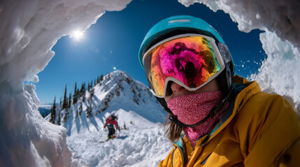 Snowboarder wearing reflective goggles and scarf in snow cave with sun above mountain peak