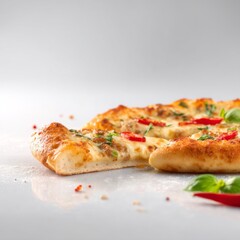 Vibrant pizza with fresh basil leaves and cherry tomatoes flying dynamically against a studio background, ideal for commercial advertising, promotional poster design showcasing gourmet Italian cuisine