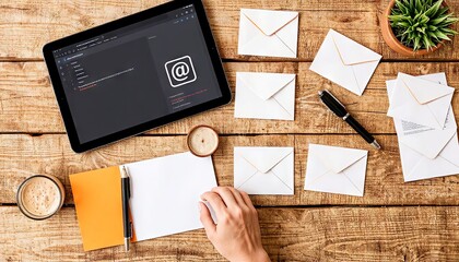 Hand writing on notepad with tablet and envelopes on wooden desk  
