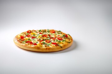 Vibrant pizza with fresh basil leaves and cherry tomatoes flying dynamically against a studio background, ideal for commercial advertising, promotional poster design showcasing gourmet Italian cuisine