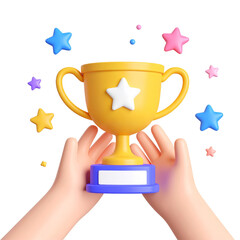 Yellow trophy cup with white star, held by two hands, surrounded by colorful stars, symbolizing achievement, success, and celebration in playful, cheerful style
