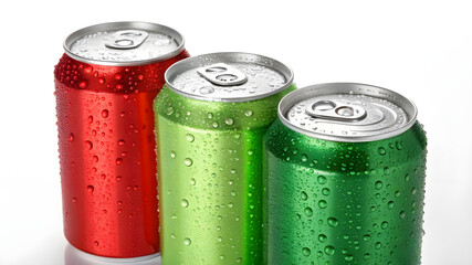 aluminum cans in red green with fresh water drops in white background