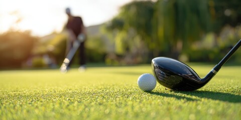 The golfer preparing to swing at a pristine green putting surface.