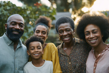 smiling family with father, mother, son, and grandmothers outdoors, joyful African American relatives enjoying sunny day together in nature with greenery background