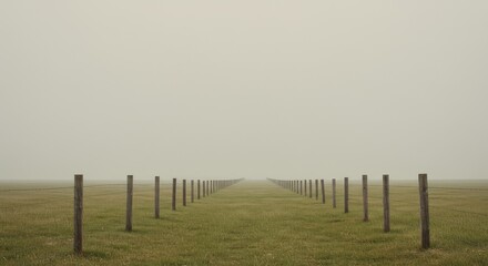 Obraz premium A misty field with a row of posts