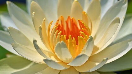 Close-up of a pristine white water lily, showcasing its delicate petals and vibrant yellow-orange center. A stunning example of natural beauty and serene elegance.