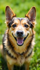 Fototapeta premium German Shepherd Sitting Alertly on Green Grass with Collar