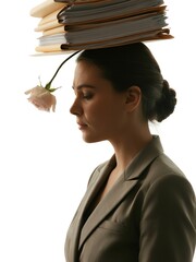 Woman balancing stack of folders with a flower, symbolizing work-life balance gracefully.