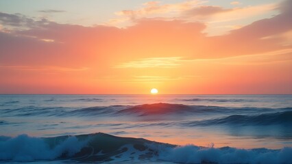 A serene ocean horizon with soft waves under a glowing orange sunset sky