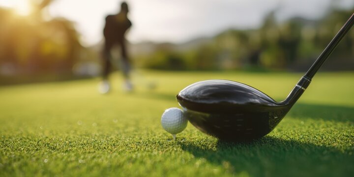The golfer preparing to swing at the golf ball on the green.