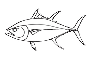 Minimalist illustration of a tuna fish in black and white with sharp lines