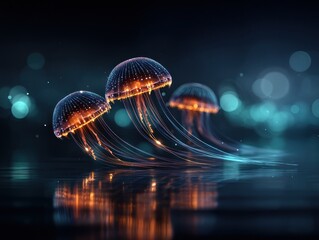Glowing jellyfish in a dark underwater scene