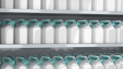Close-up of supermarket shelves with white soft liquid packaging pouches with handle design and green screw cap. 3d illustration