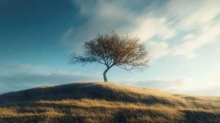 A lone tree stands atop a grassy hill under a clear blue sky