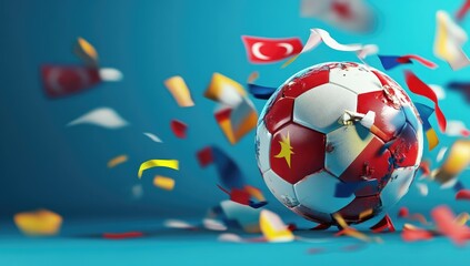 Soccer ball, tattered with flags, surrounded by confetti