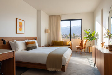 Fototapeta premium Modern bedroom interior with large bed, natural sunlight, warm tones, mountain view, cozy atmosphere, and stylish furniture for comfort and relaxation.