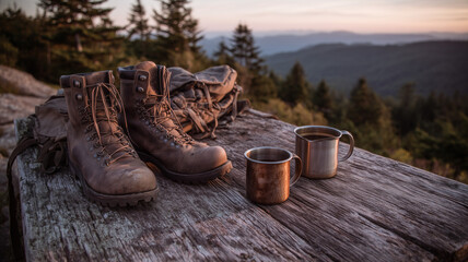 Evening glow on hiking boots and backpack beside mugs, laid on old wooden planks with scenic forest ridge background