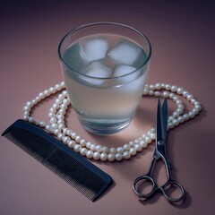 Glass of water, pearl necklace, and scissors — surreal still life composition. hairdresser's concept