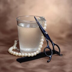 Glass of water, pearl necklace, and scissors — surreal still life composition. hairdresser's concept