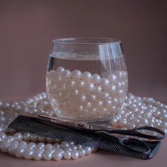 Glass of water, pearl necklace, and scissors — surreal still life composition. hairdresser's concept