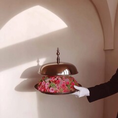 Waiter holding tray with flowers, elegant and surreal service concept
