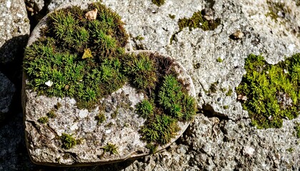 Heart-shaped stone covered in moss on rough surface  