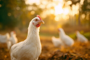 Fototapeta premium White chicken in soft golden sunlight with blurred background shows farm animal in natural outdoor environment, domestic bird enjoying peaceful morning atmosphere.