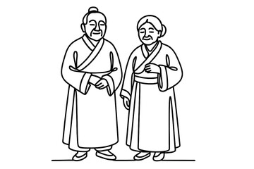 Elderly Couple in Traditional Korean Hanbok Line Art