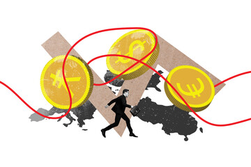 Composite 3D photo collage design trend sketch of eu usd yuan coins young businessman run economy...
