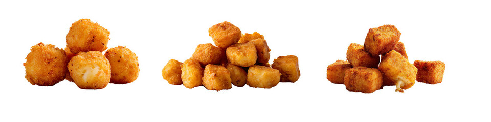 Fried mac and cheese bites arranged in three piles on white background  