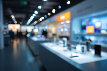 Fototapeta premium Blurred modern electronics store interior with bright lighting, sleek displays, and a spacious layout creating a futuristic shopping atmosphere and technology vibe.